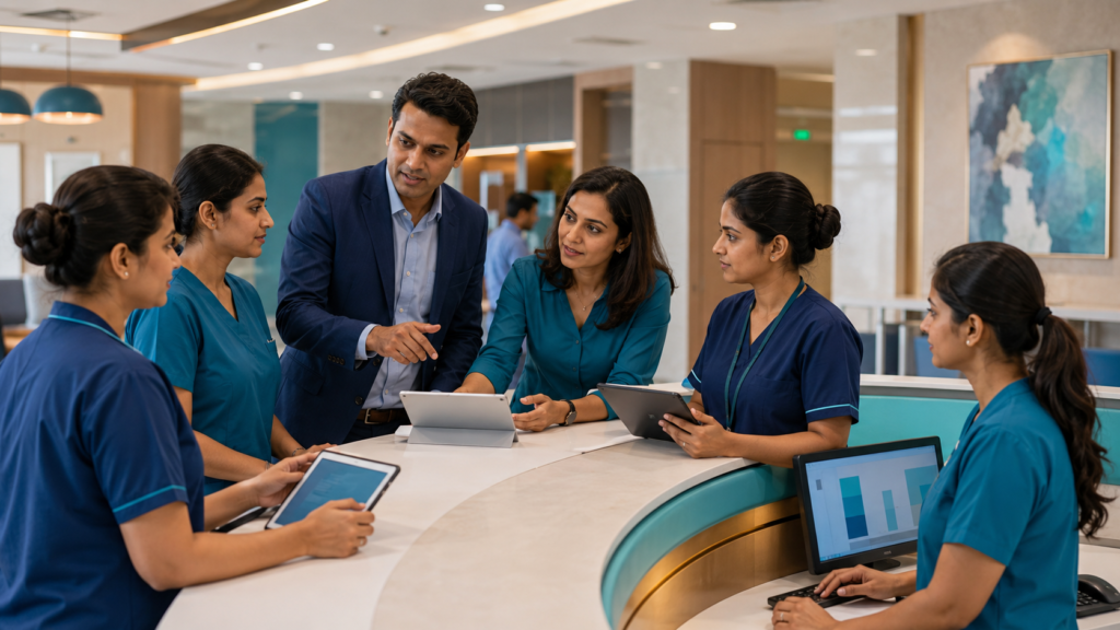 Healthcare professionals implementing new hospital systems and operational processes