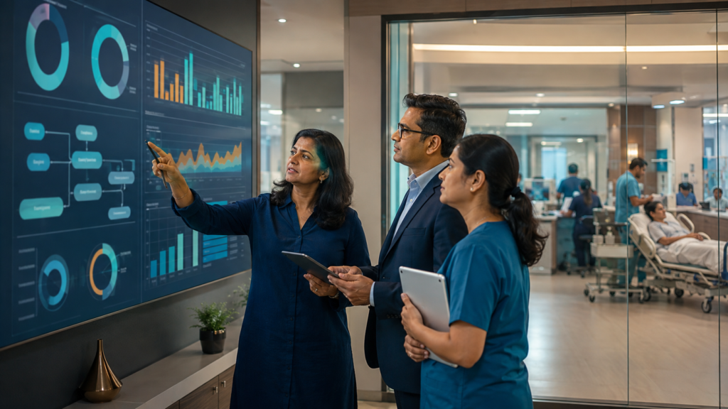 Hospital management team monitoring operational performance through healthcare dashboards