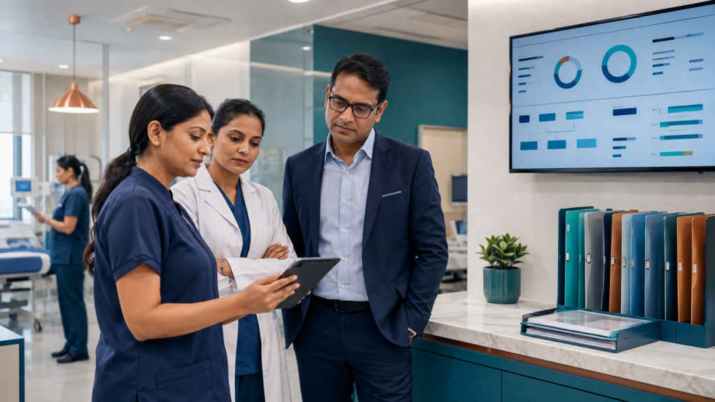 Healthcare professionals reviewing hospital quality systems and operational standards