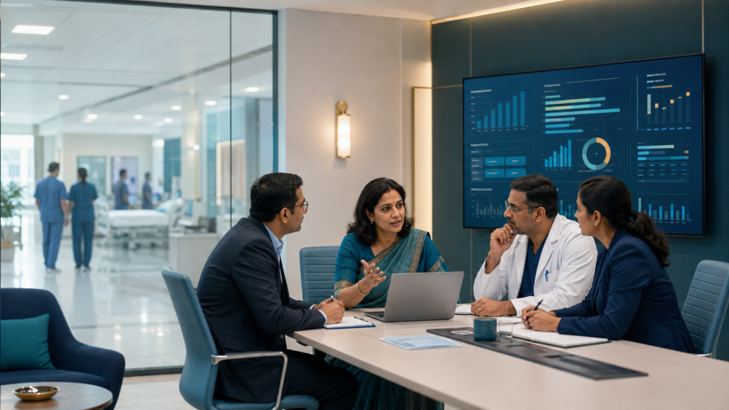 Indian healthcare leaders reviewing hospital operations and performance strategy