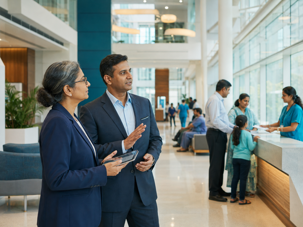 Indian hospital management professionals collaborating on operational improvement